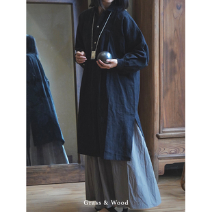 Grass&Wood亚麻中古风格长衫汉麻复古衬衫裙落肩宽松显瘦上衣新