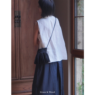 Grass&Wood棉锦水波纹光泽单肩包可调节肩带斜挎包风琴褶手拎包