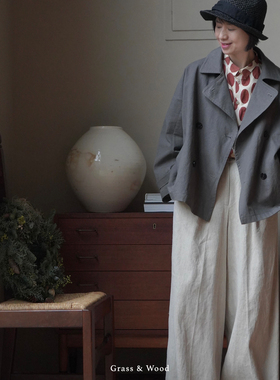 Grass&Wood韩国进口全棉短风衣双排扣休闲外套双层设计感上衣新品