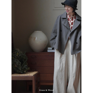Grass&Wood韩国进口全棉短风衣双排扣休闲外套双层设计感上衣新品