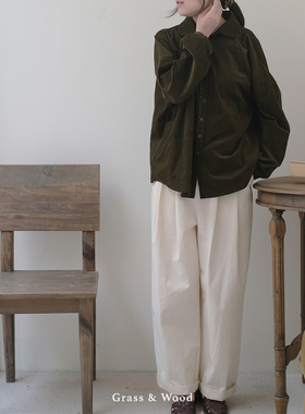 Grass&Wood长绒棉灯芯绒衬衫宽松手工刺子绣外套女士上衣百搭复古