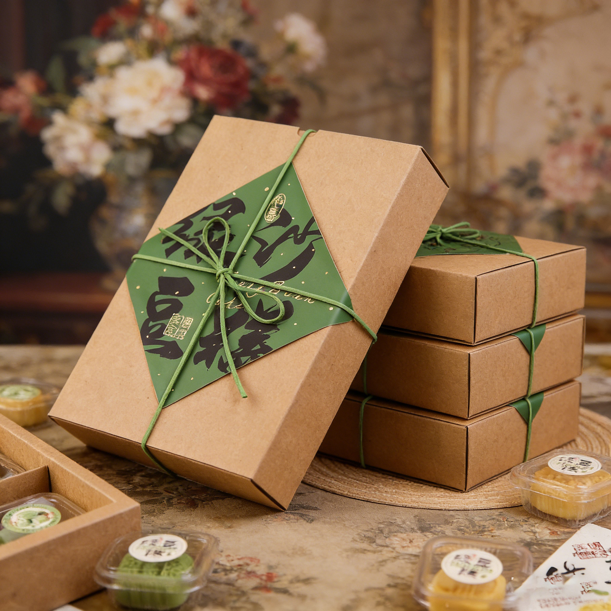 创意绿豆糕4粒6粒专用包装盒春日冰糕点心烘焙方形打包盒子伴手礼