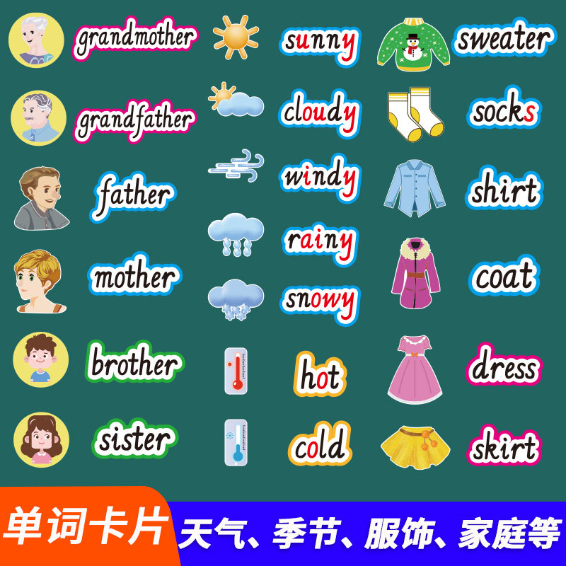 英语月份季节星期单词卡片教具图片