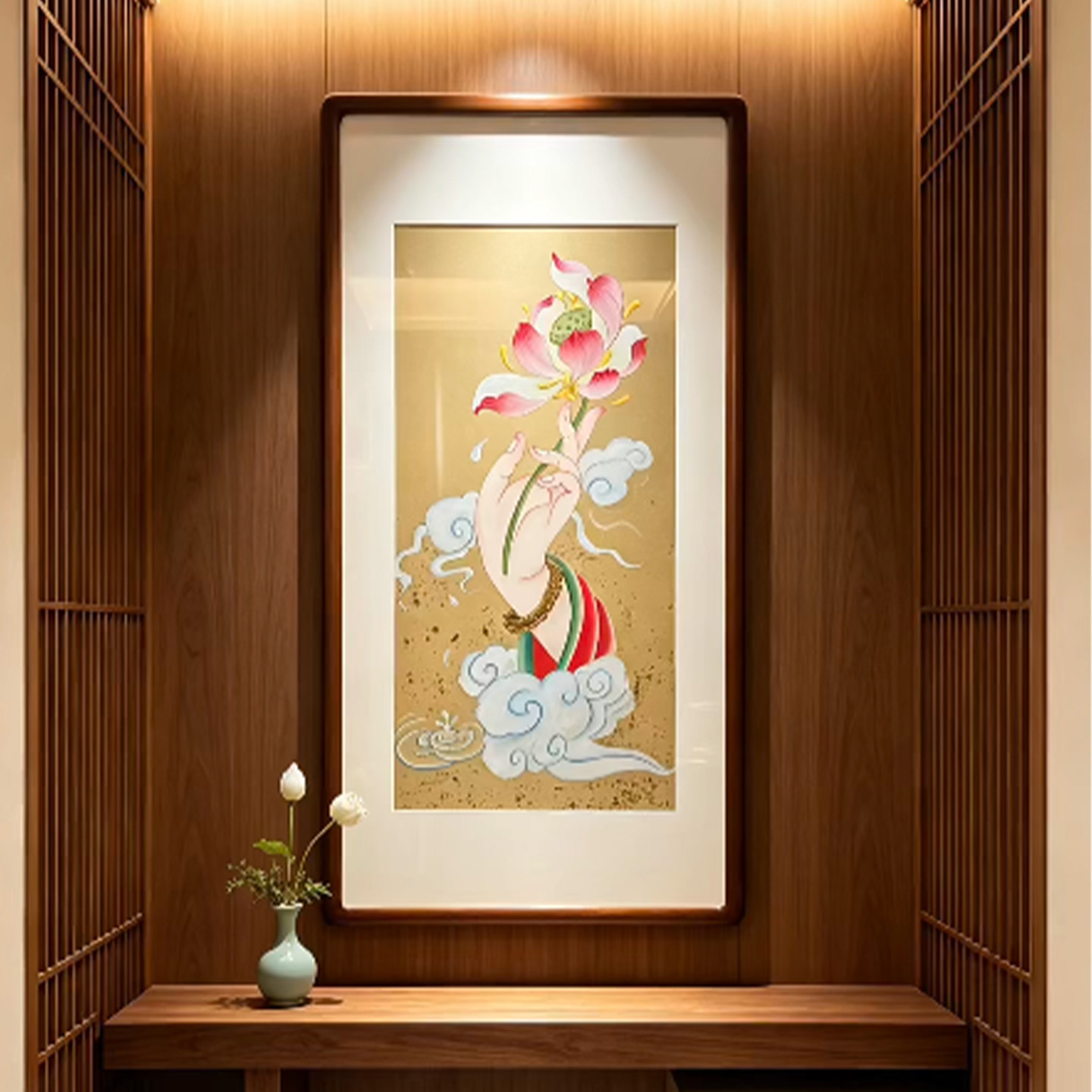 佛手拈花客厅餐厅挂画新中式走廊玄关壁画寓意好的民宿酒店装饰画