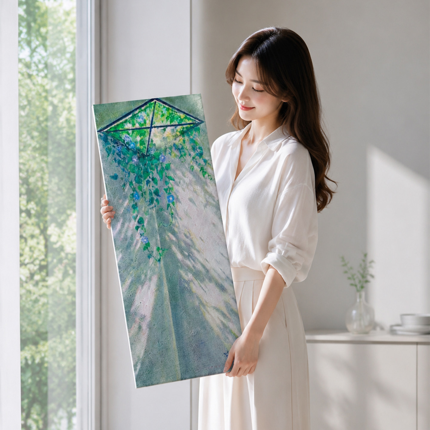 窗沿藤蔓牵牛花装饰画奶油