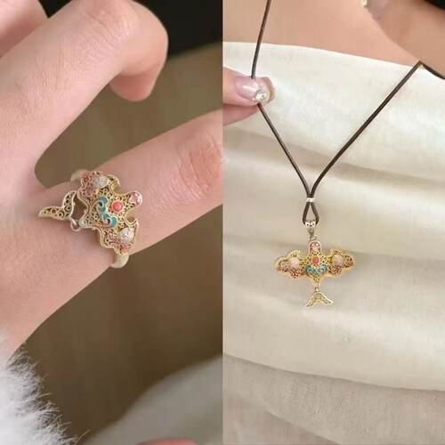 足银999.9描金珐琅彩双鱼风筝开口戒指女中国风新中式高级感