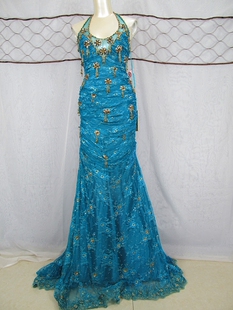 魅惑实拍法国原单重磅蕾丝流苏钉珠拖尾晚礼服宴会演出连衣裙孤品