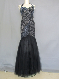 魅惑实拍法国原单重磅真丝钉珠修身鱼尾挂脖晚礼服宴会连衣裙孤品