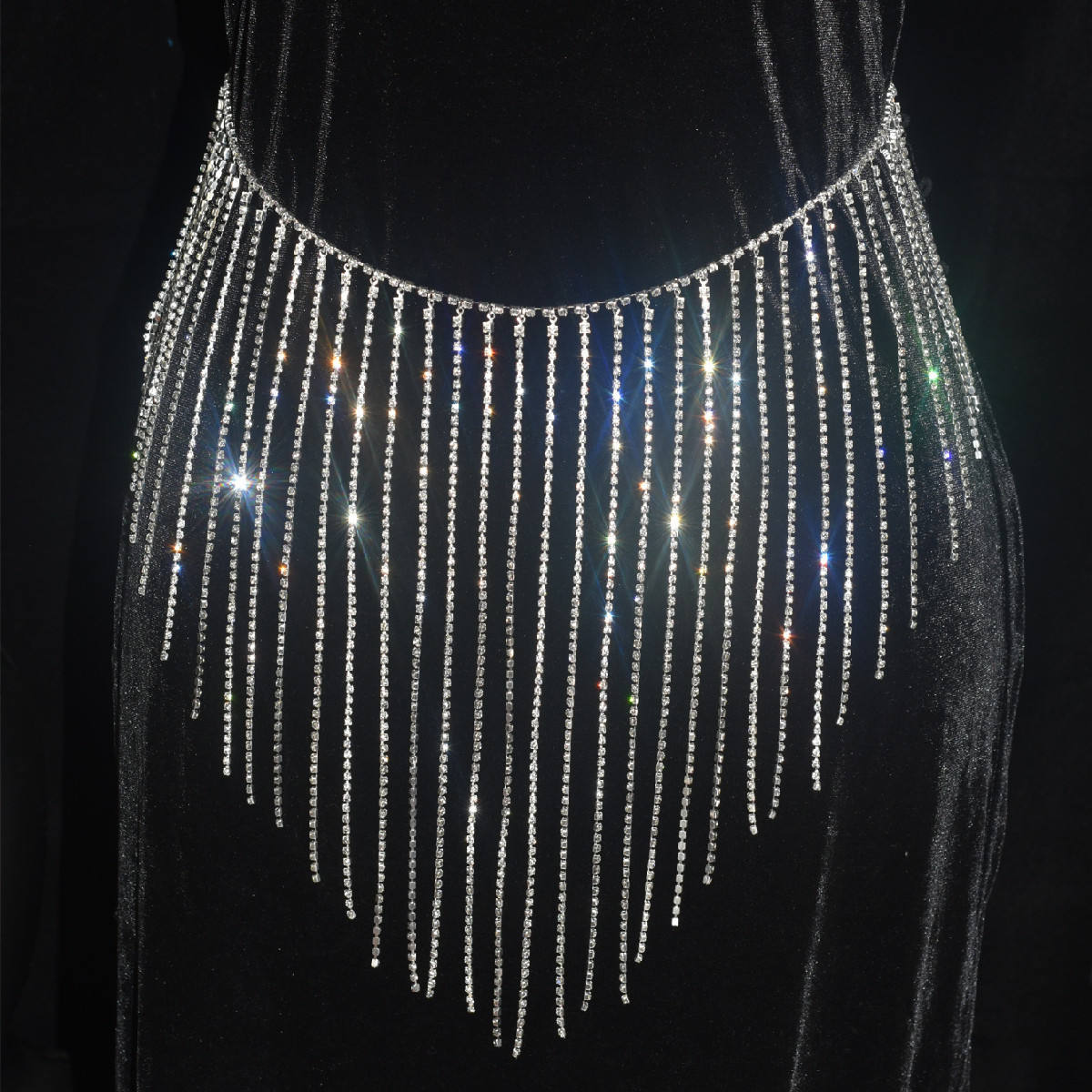 感闪亮流苏水钻裙子肚皮舞身体链