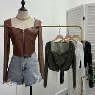 实拍网纱拼接皮长袖 高腰上衣 恤女紧身拉链设计感辣妹短款