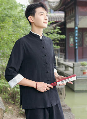 春夏秋中国风衬衣盘扣亚麻衬衫男