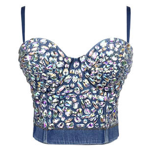 牛仔文胸背心 美背女士一体式 满幅亚克力钻露脐无袖 重工修身