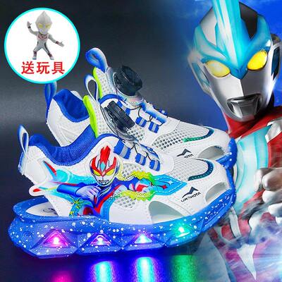 江博士男童包头凉鞋夏季儿童单网鞋奥特慢鞋子发光运动沙滩鞋软