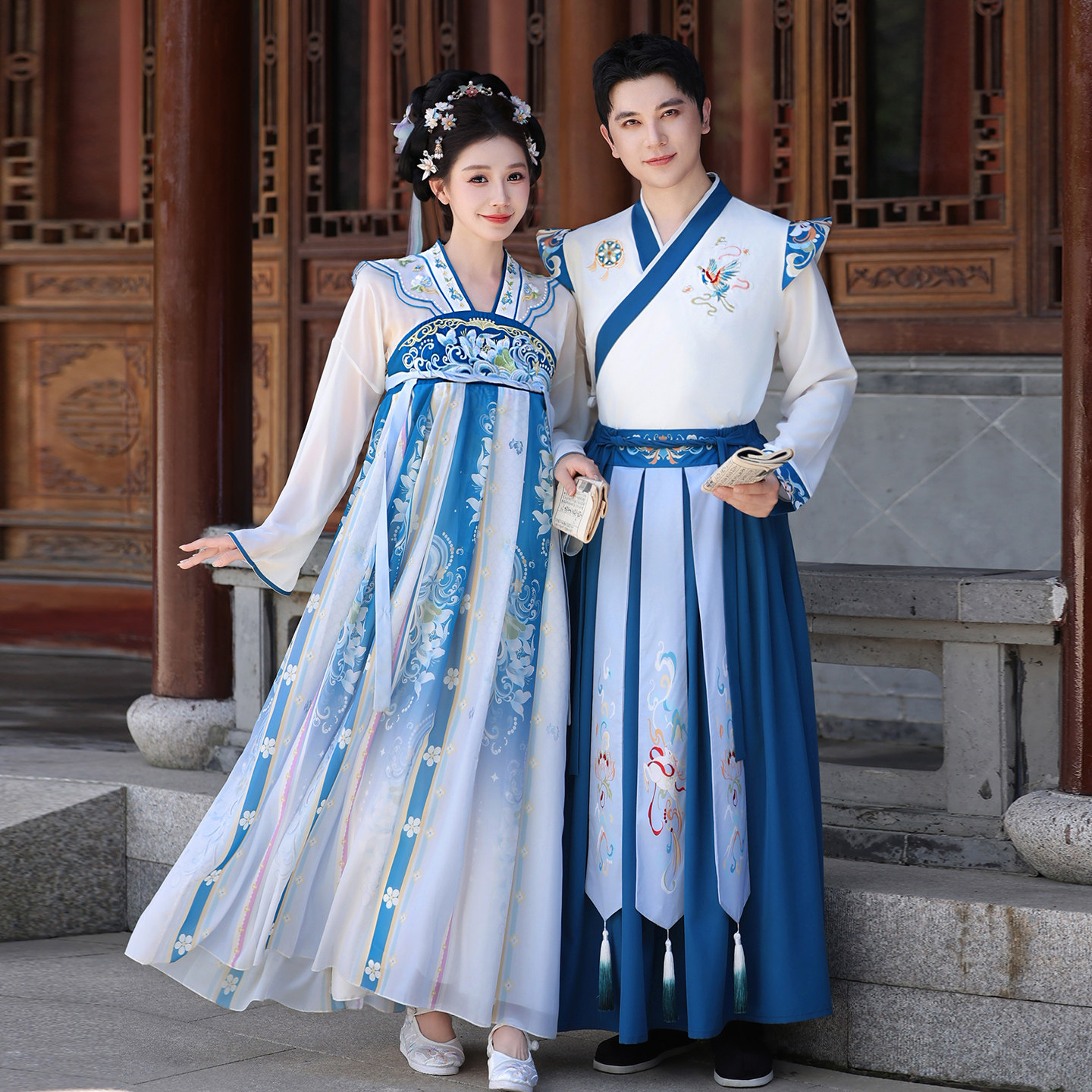 成人古风汉服套装情侣装春秋刺绣蓝色国学服演出服拍照唐装中式