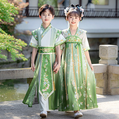 汉服男童夏季薄款儿童六一国学演出服中国风古装超仙女童唐装短袖