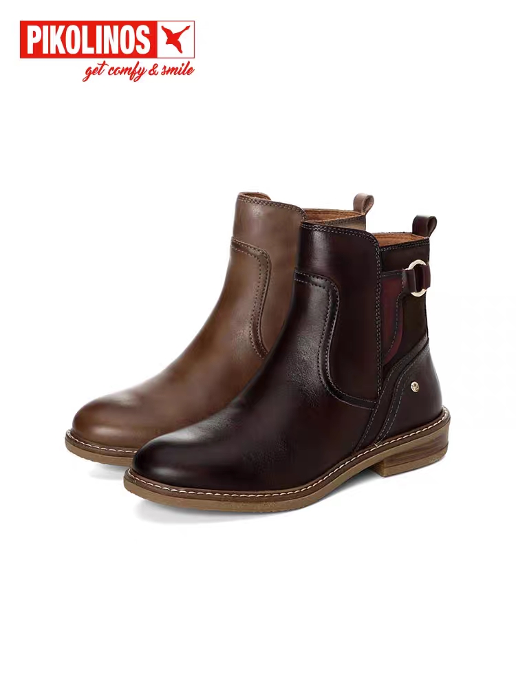 Pikolinos派高雁冬季多材质拼接平跟侧拉链拼色短靴PA237910