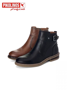Pikolinos派高雁冬季牛皮圆头平跟休闲纯色侧拉链短靴PA227901