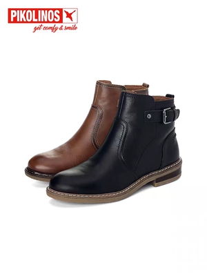 Pikolinos派高雁冬季牛皮圆头平跟休闲纯色侧拉链短靴PA227901