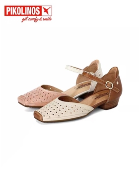 Pikolinos派高雁夏季牛皮方头拼色一字扣带甜美凉鞋PM232203