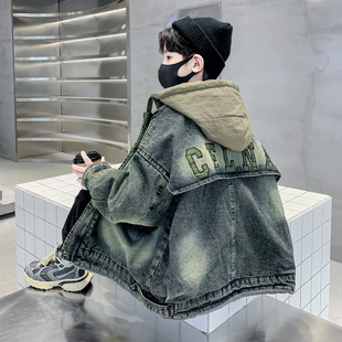 男童牛仔加绒外套连帽可拆卸2026新款儿童冬季加厚工装上衣潮痞帅