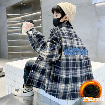 男童外套春秋冬款2025新款中大儿童秋装男孩衬衫加绒加厚上衣棉服
