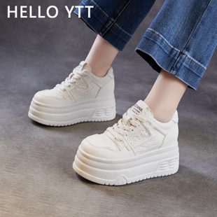 全头层牛皮专业内增高女鞋8CM厚底松糕小白鞋轻便小个子休闲板鞋