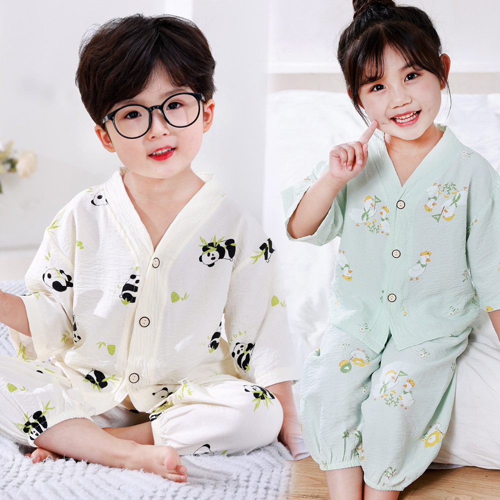 斑马日记7088夏季云朵棉高档开衫睡衣家居服男女童短袖薄款空调服