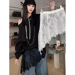 韩国东大门蕾丝屁帘女2025新款叠穿下摆裙帘不规则裙罩网纱半身裙