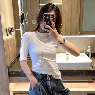 上衣體恤內(nèi)搭打底衫 女t恤半袖 中袖 小眾設(shè)計(jì)感正肩修身 五分袖 半袖