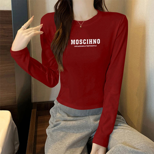 早春新气象短款长袖百搭显瘦圆领洋气ins小个子安卡拉红显瘦上衣