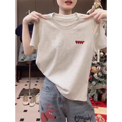 正肩纯棉圆领短袖t恤女