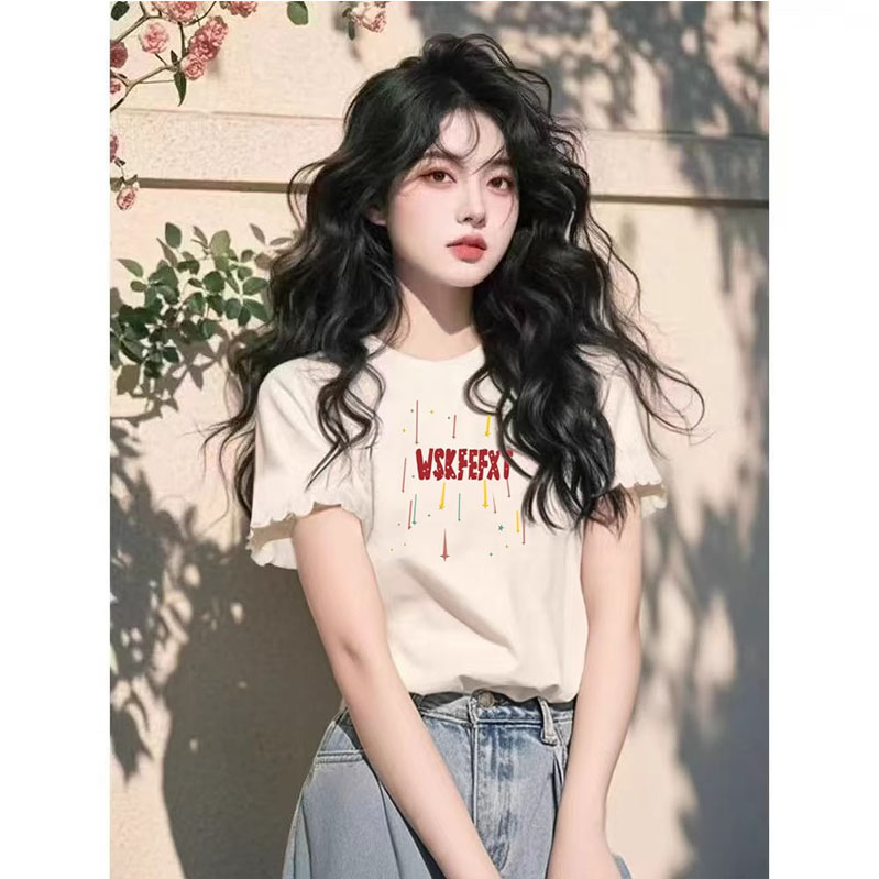 白色拼接木耳边短袖t恤女
