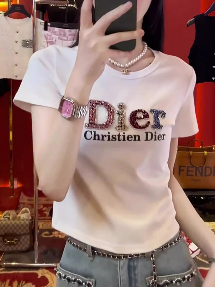 2025夏新款高端欧货重工烫钻漂亮白色正肩短袖T恤女纯棉打底上衣