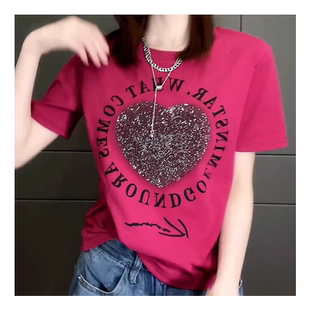 今年新款紫红色纯棉短袖T恤女夏季洋气宽松时尚街头质感减龄上衣