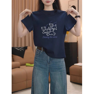 2025新款 正肩纯棉短袖 t恤女装 设计感宽松百搭显瘦藏青色上衣夏季