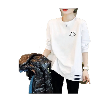 中长款破洞纯棉白色打底衫女内搭春秋遮屁股字母长袖叠穿t恤上衣