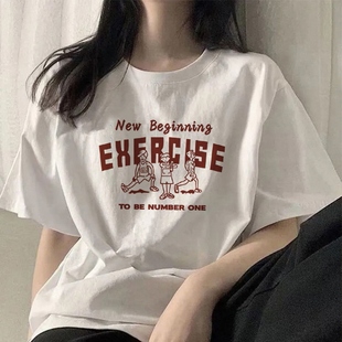 纯棉白色t恤女短袖 休闲ins风上衣 夏2025新款 宽松百搭显瘦印花半袖