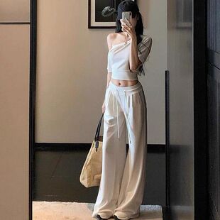 短款 两件套装 斜领露肩短袖 高腰显瘦阔腿休闲裤 上衣女夏季 2026新款