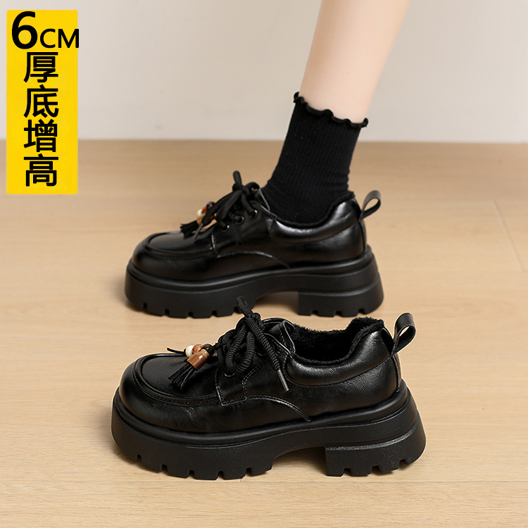 增高6CM小个子黑色小皮鞋女加绒