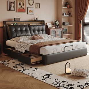 云朵真皮床高端大气主卧室主卧大床双人床多功能储物复古软包床