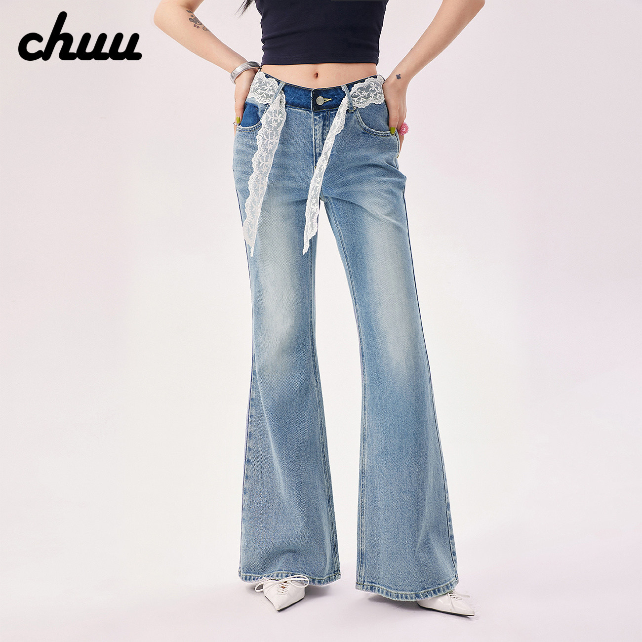 CHUU磨破口袋微喇牛仔裤女2026年夏季新品水洗低腰撞色磨白长裤子