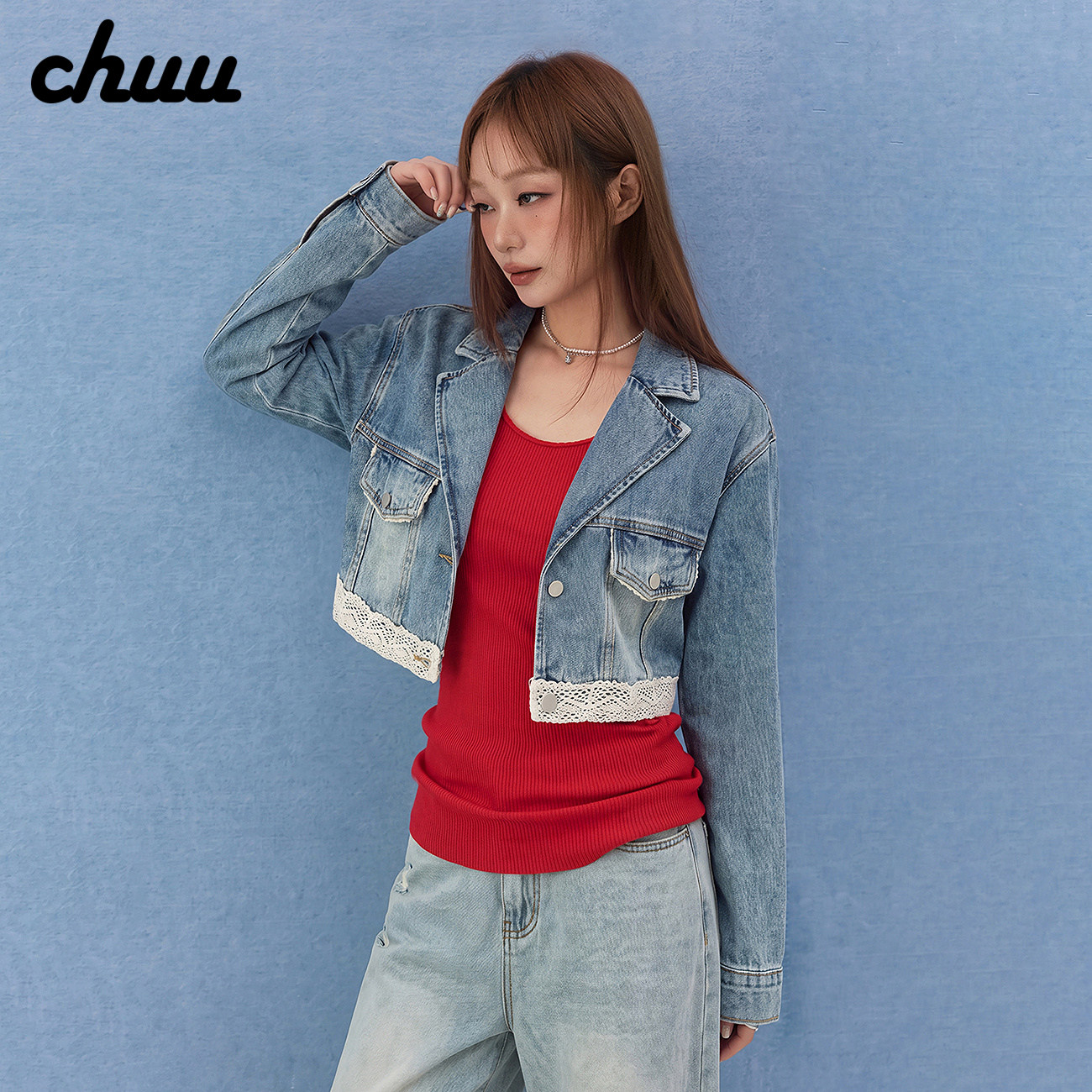 CHUU蕾丝花边拼接外套女2026秋季新品复古水洗做旧西装领牛仔