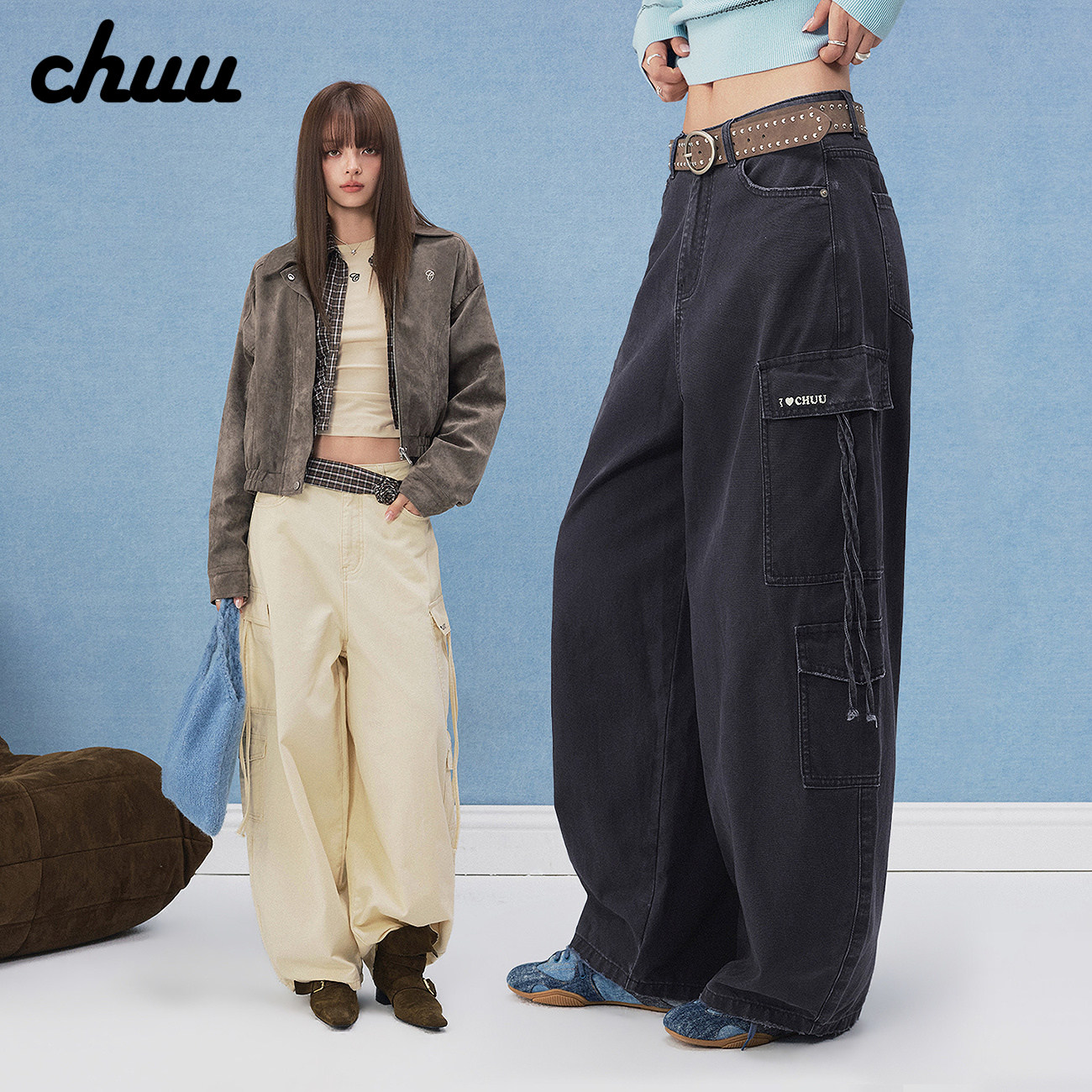 CHUU字母印花休闲裤女2026年秋季新品口袋系带磨破弯刀裤工装长裤