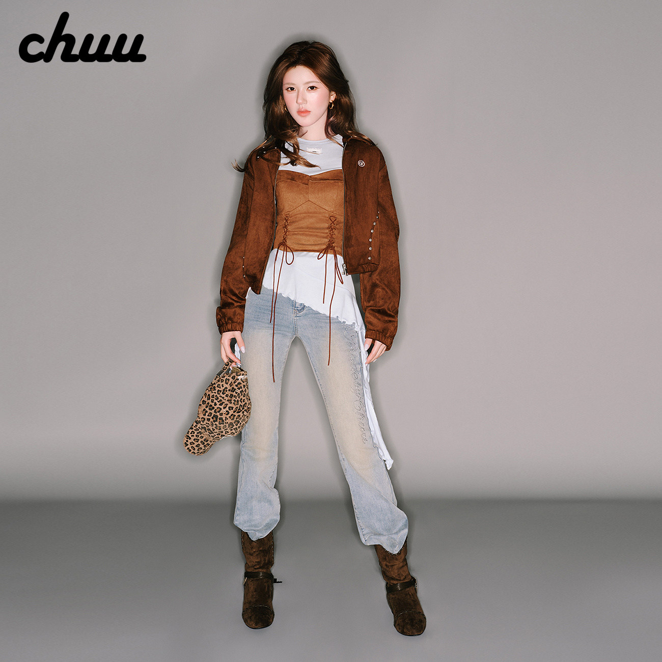 【赵露思同款】CHUU字母烫钻喇叭牛仔裤女春秋磨白磨破口袋长裤子