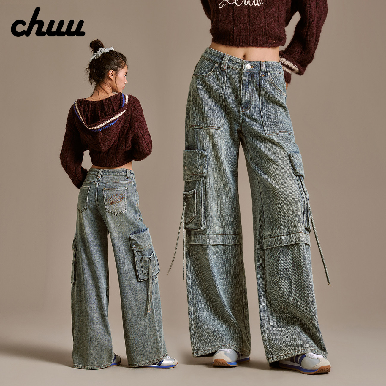 CHUU多口袋磨破牛仔裤女2026年冬季新品设计感磨白阔腿工装长裤子