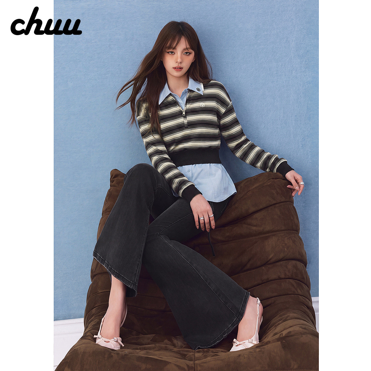 CHUU字母刺绣卫衣女2026年秋季新品条纹撞色POLO领半拉链长袖上衣