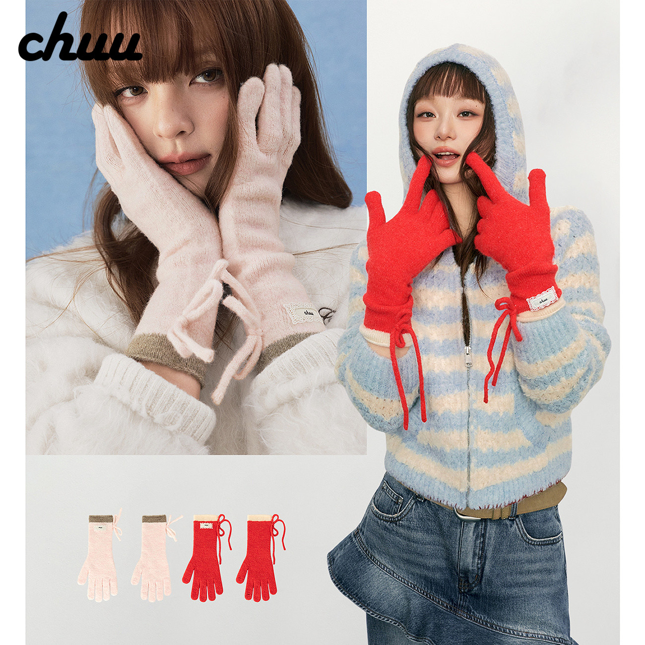 CHUU撞色拼接手套女2026年冬季新品蕾丝字母标蝴蝶结五指针织