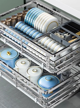 拉篮厨房橱柜304不锈钢双层抽屉式碗架收纳碗碟厨柜碗篮拉蓝国补