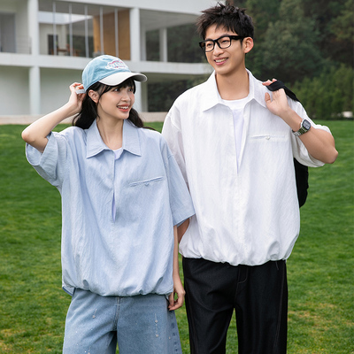 天丝亚麻透气假两件短袖衬衫男女