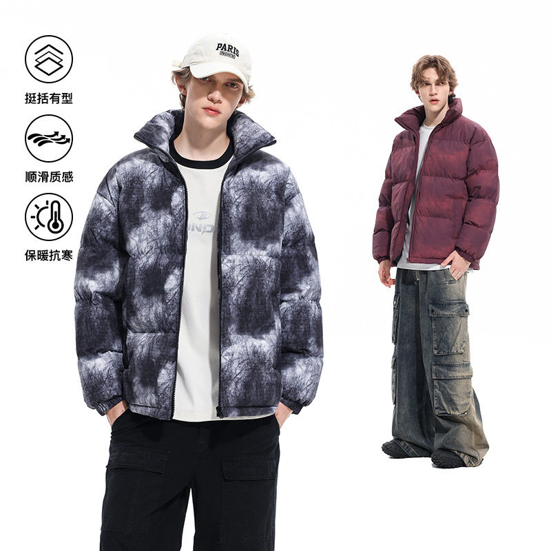 冬季新款扎染渐变立领棉服男士美式潮牌设计感防寒保暖酒红色外套